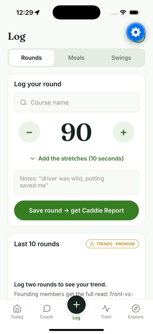 MGE Coach Log tab: the round form with the score stepper and the Save round, get Caddie Report button