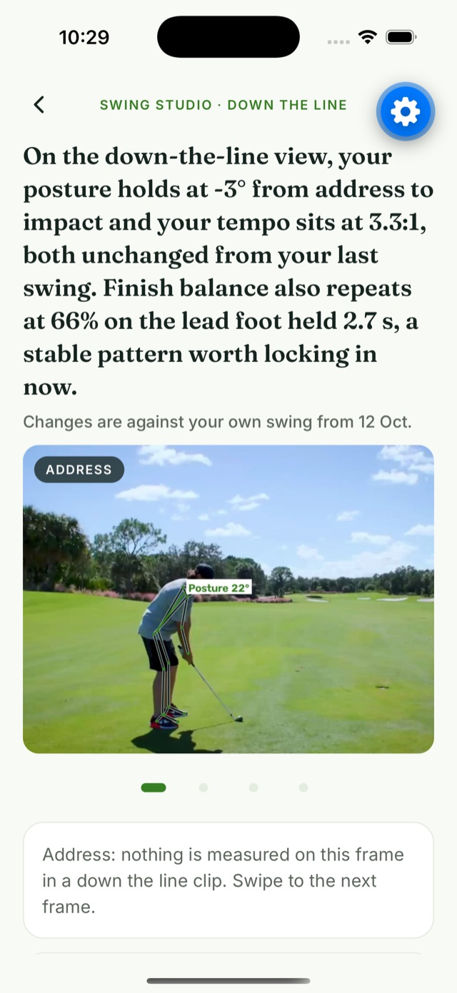 MGE Coach Swing Studio result: the coach's read, then the golfer's own address frame with the skeleton drawn on and the posture angle marked