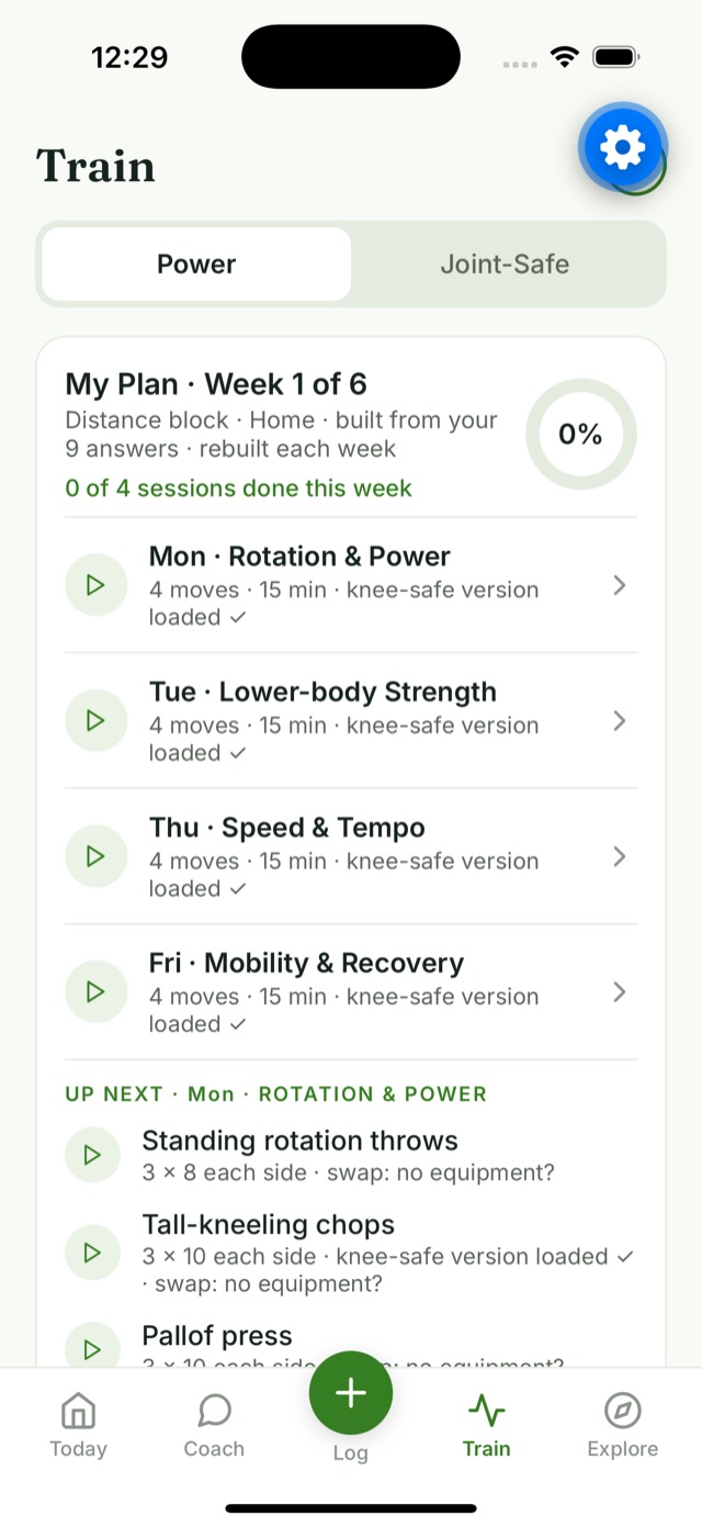 MGE Coach Train tab: the week's four sessions, 15 minutes each, with the knee-safe version loaded