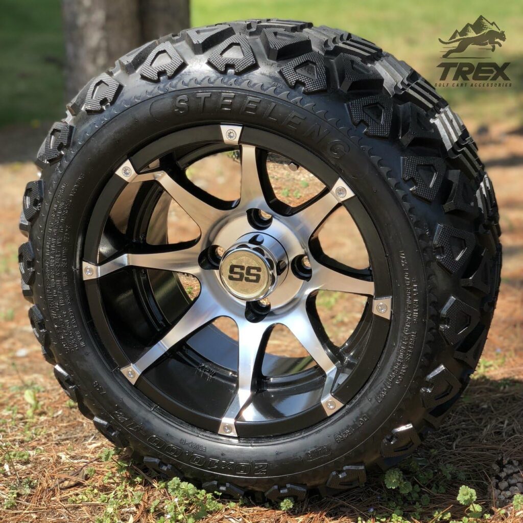 12" Banshee Black/Machine Aluminum Wheels and 20/10 – 12 Stinger All Terrain Tires