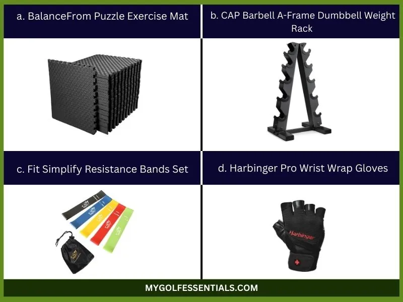 Equipments Needed To Do Incline Dumbbell Press At Home. this image shows product recomendations for Rubber Flooring or Exercise Mat, Dumbbell Rack, Resistance Bands, Wrist Wraps or Lifting Gloves.
