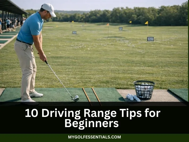 Beginner golfer practicing at a driving range using alignment sticks while applying driving range tips for better swing and accuracy.