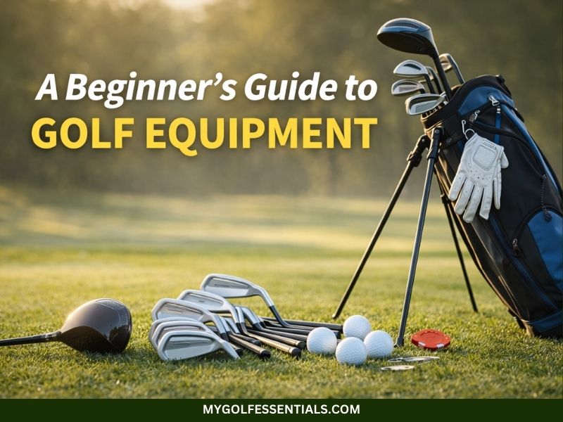 Beginner golf equipment setup with golf bag, clubs, balls, and accessories on a golf course