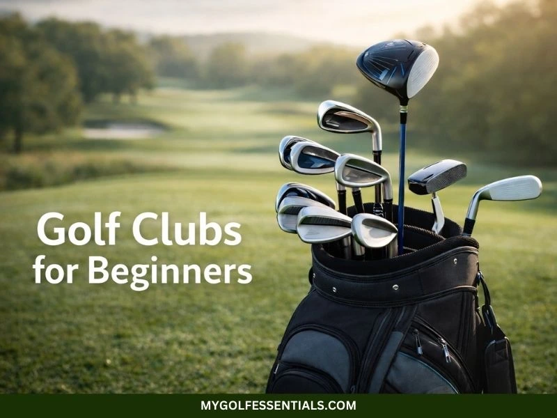 Complete set of golf clubs for beginners standing in a golf bag on a lush golf course.